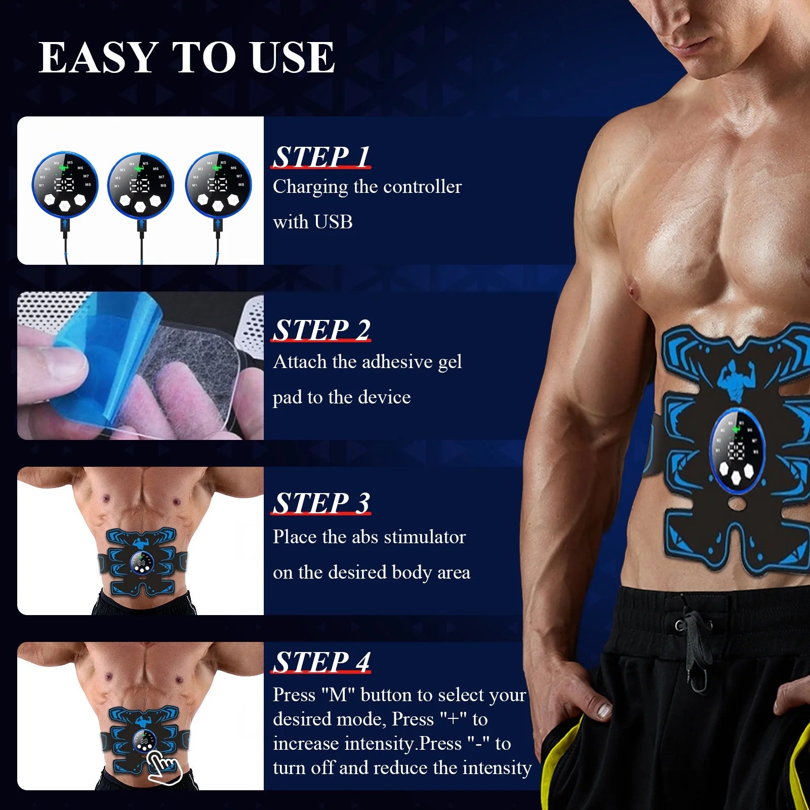 Abs Stimulator, Rechargeable Ultimate Muscle Toner Trainer for Men Women Abdominal Fitness Workout EMS Muscle Stimulation