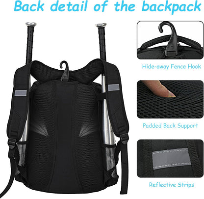 Youth Baseball Bag - Bat Backpack for Softball and T-Ball Gear with Separate Shoe Compartment
