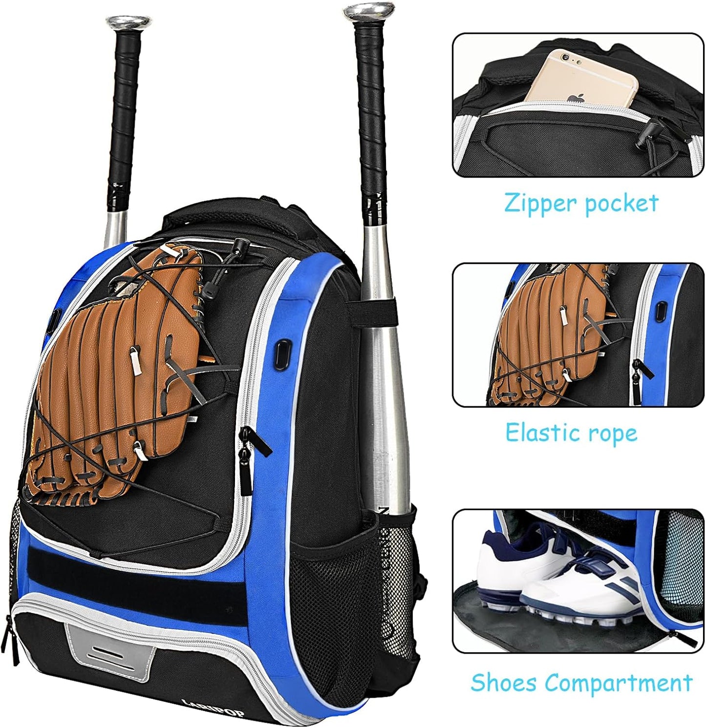Youth Baseball Bag - Bat Backpack for Softball and T-Ball Gear with Separate Shoe Compartment